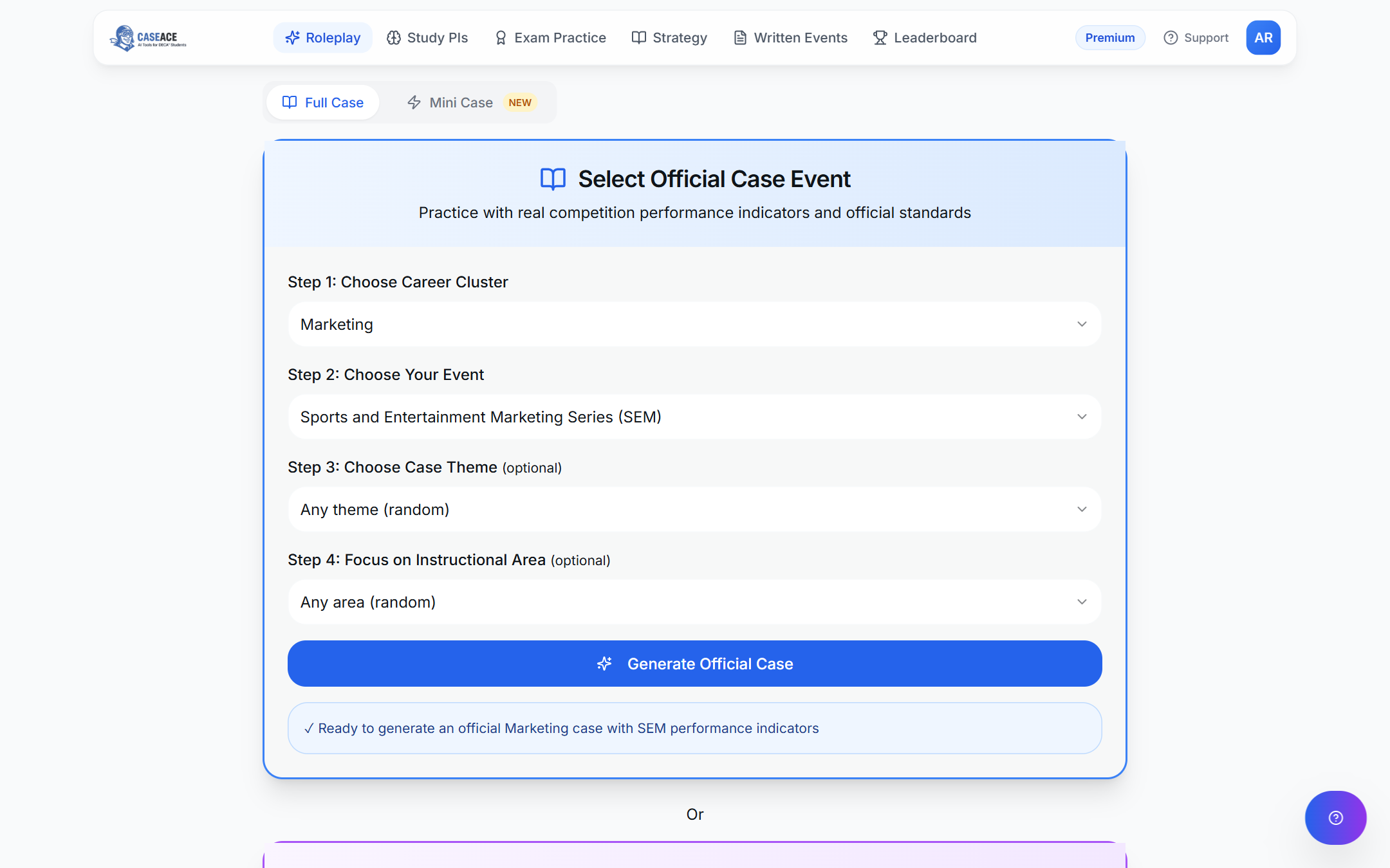 Case Ace roleplay setup showing career cluster and event selection with a Generate Official Case button