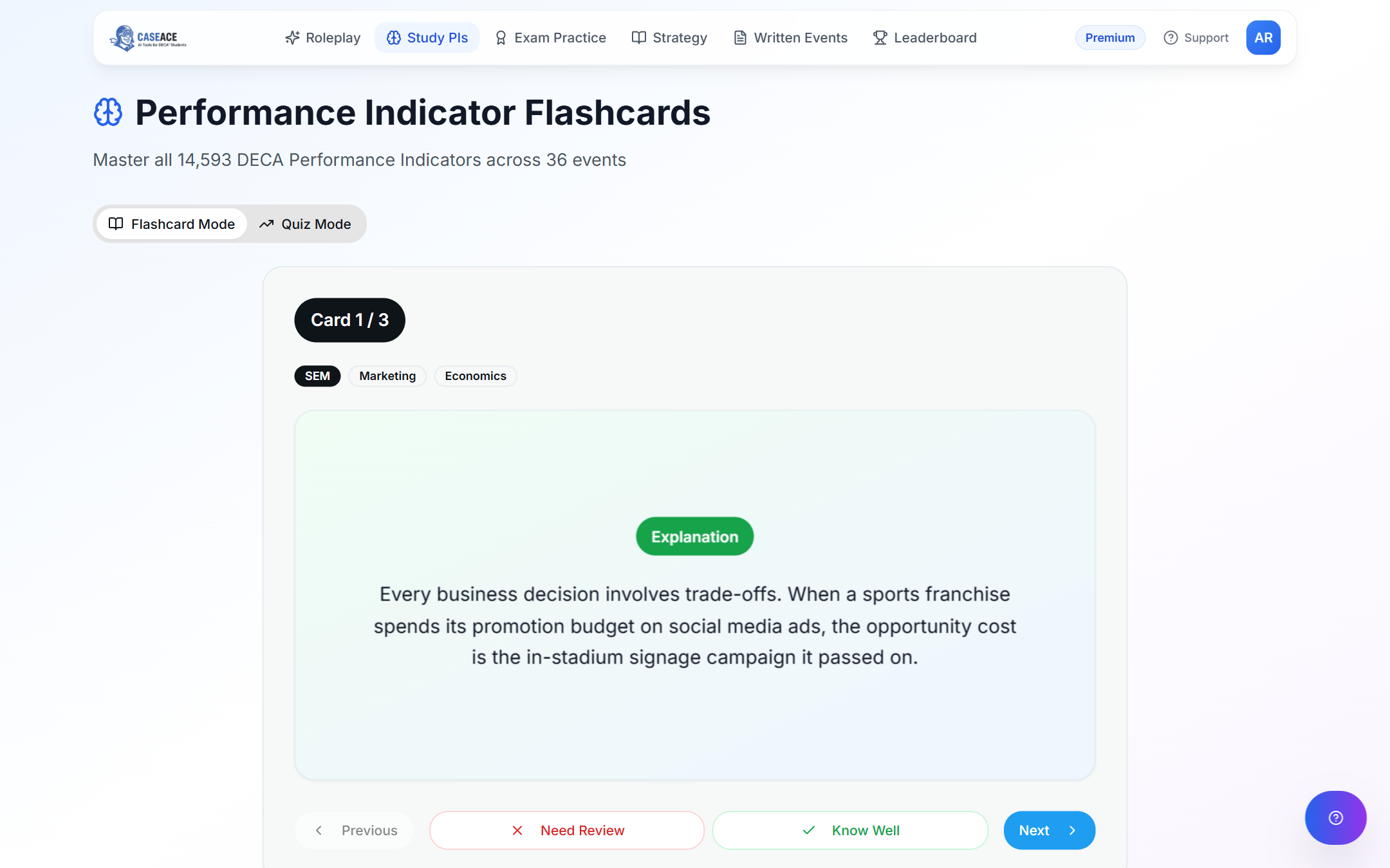Case Ace flashcard flipped to show an AI explanation of opportunity cost with a sports franchise example
