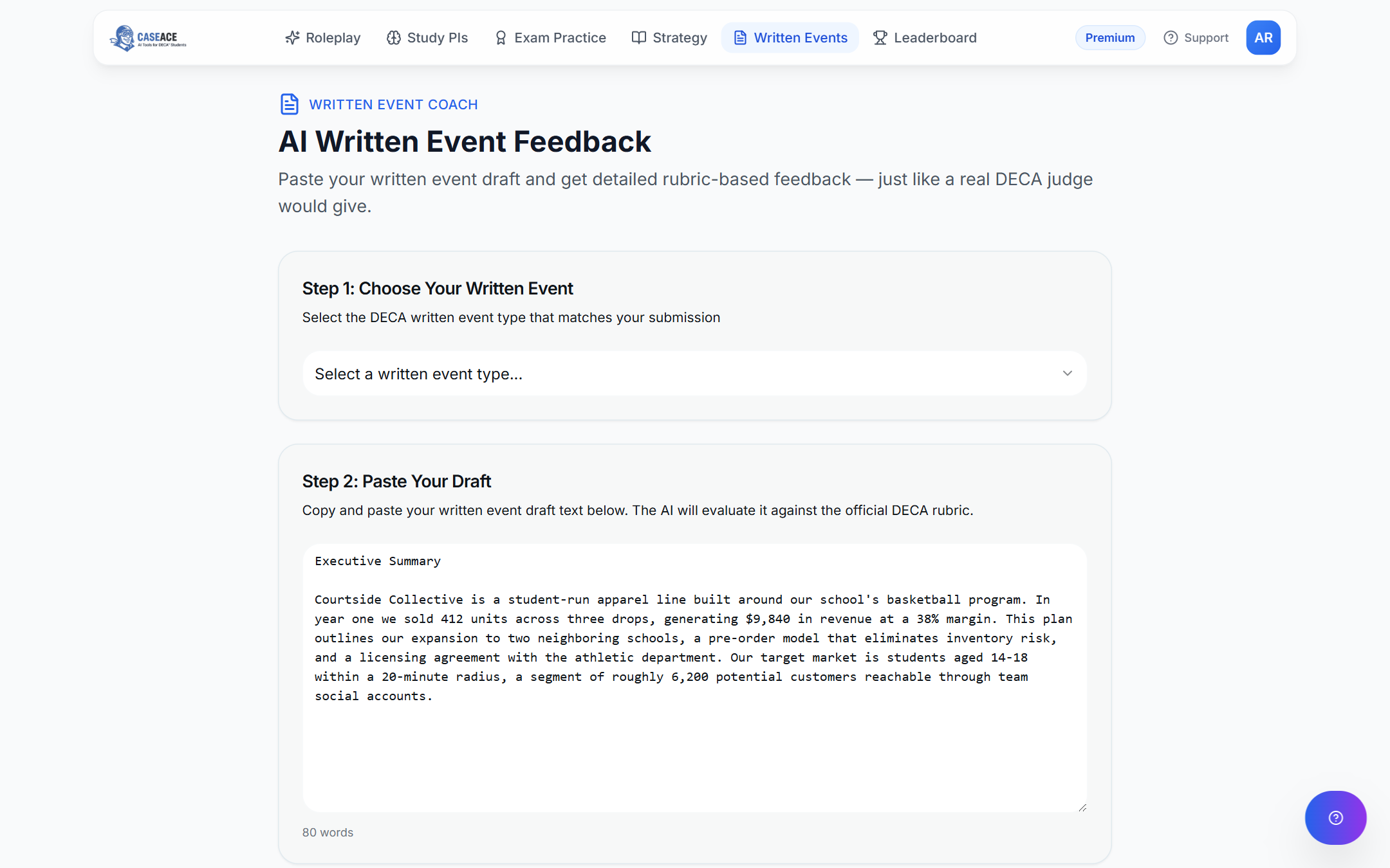 Case Ace written event coach with a pasted executive summary draft ready for AI feedback